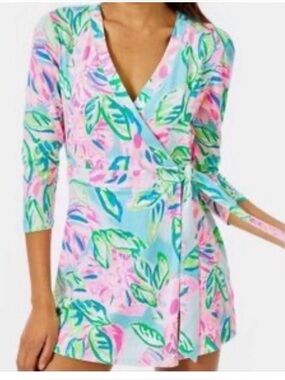 Lilly Pulitzer Pastel Blue Pink & Green Floral Wrap Romper Dress